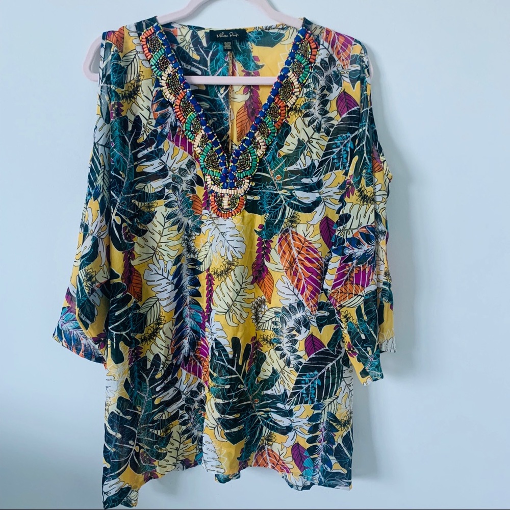 Melissa Paige Leaf Print Cold Shoulder Sheer Top